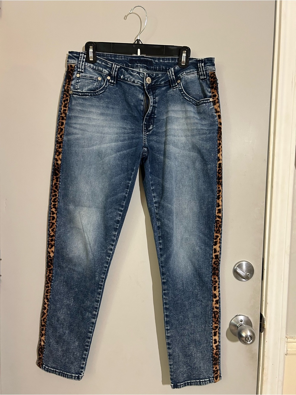 Rock+Roll Denim cowgirl Boyfriend skinny LEOPARD tuxedo stripe Jeans size 31